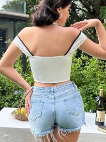 Twin Melody X SHEIN Zolique 女士優雅色塊露肩蕾絲鑲嵌背心上衣，夏季