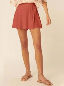 SHEIN Frenchy 女士假日休闲纯色系带裹身短裙裤 - 鏽棕色 - 查看 4