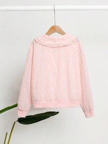 SHEIN Tween Girls Casual Textured Fabric Peter Pan Collar 3D Flower Decor Jacket, Spring/Autumn - Pink - View 2