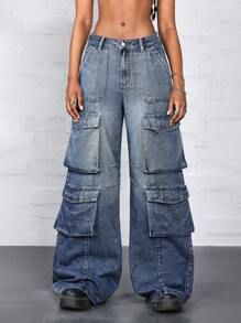 Jeanoix 女士纽扣口袋复古工作服阔腿工装牛仔裤低腰直腿牛仔裤