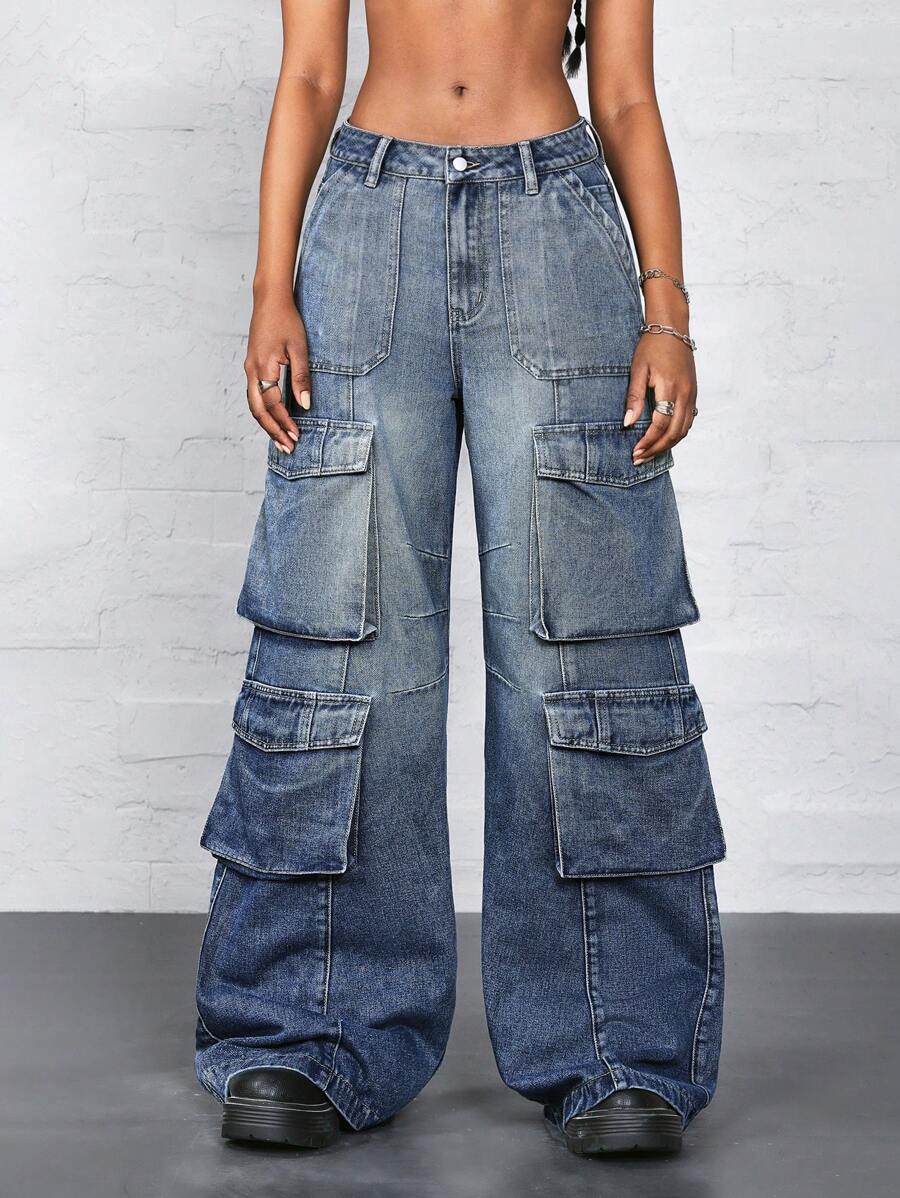 Jeanoix 女士纽扣口袋复古工作服阔腿工装牛仔裤低腰直腿牛仔裤