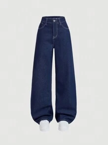 SHEIN MOD Jeans anchos y sueltos de mujer con estampado de lazos lindos, pantalones holgados azules, jeans navideños, jeans con lazos de otoño para mujer, jeans de bienvenida, jeans holgados para mujer, pantalones azul marino - Azul lavado oscuro - Ver 5