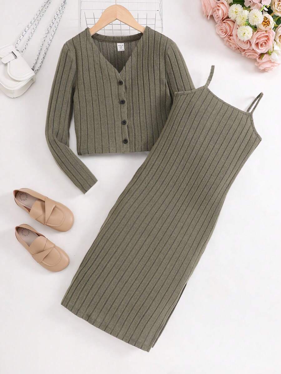 Tween Girl Basic Casual Knit Solid Cardigan And Cami Dress Set - Army Green - View 1