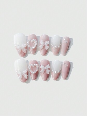 Kawaii 10pcs Lovely Pearl Heart & Bow False Press On Nail With 1pc Nail Glue Tape