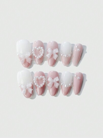 Kawaii 10pcs Lovely Pearl Heart & Bow False Press On Nail With 1pc Nail Glue Tape