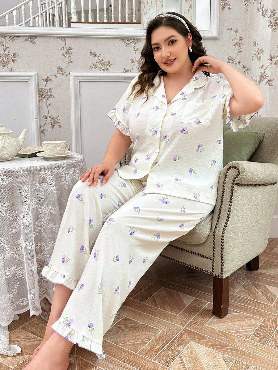 CottageSlumber Set de pijamale cu mânecă scurtă și guler cu volan din șifon cu imprimeu floral - Violet - Vizualizare 1