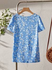 SHEIN LUNE 女士圆领短袖全身印花休闲上衣 - 藍色 - 查看 2