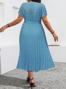 Vionelle 大码女式波西米亚风几何印花圆领蝙蝠袖褶皱下摆连衣裙，夏季女装 - 藍色 - 查看 2
