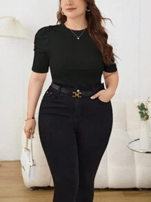 SHEIN Privé Áo thun ngắn tay cổ tròn đơn giản màu trơn dành cho nữ Plus Size - màu đen - Xem 4