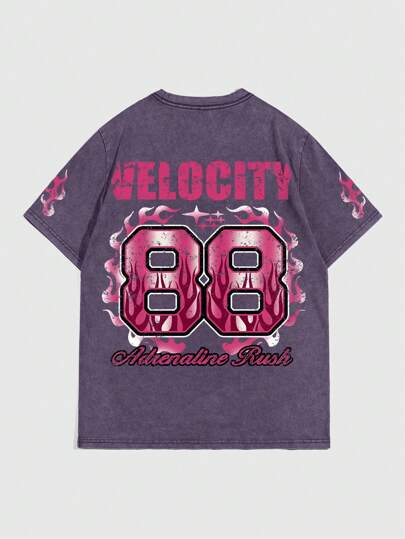 Street Life Camiseta casual de manga corta con cuello redondo y estampado de letras para hombre, con efecto lavado ácido de verano