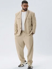 Manfinity VCAY 2pcs/Set Men's Plus Size Casual Woven Loose Raglan Sleeve Blazer Jacket And Drawstring Waist Straight Leg Pants Suit For Autumn/Winter - Apricot - View 4