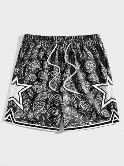 Street Life Pantalones cortos con cordón en la cintura para hombres, con estilo de fútbol, con estampado de paisley y estrellas para primavera/verano, escuela
