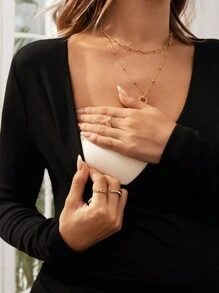 SHEIN Maternity Solid V-Neck Black Crop Tie Side Long Sleeve T-Shirt