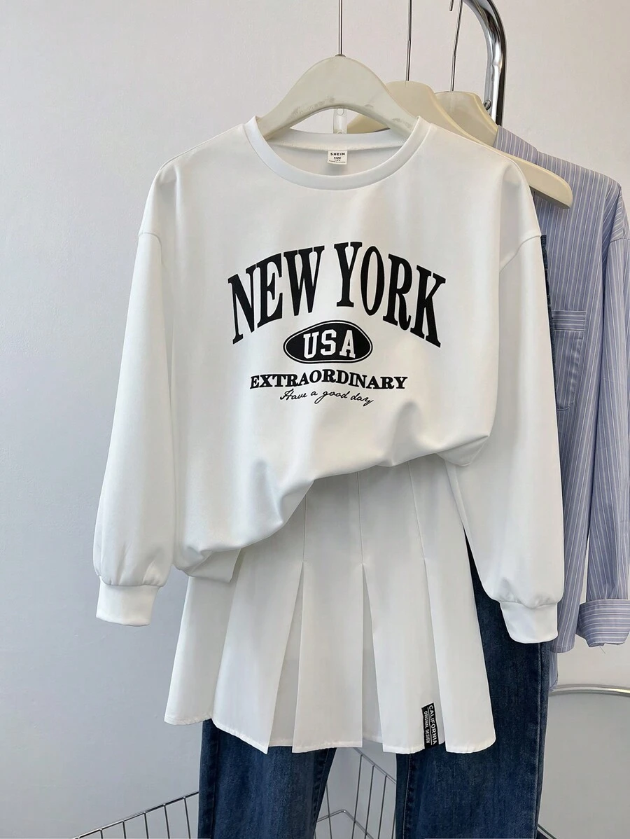 SHEIN 2pcs Tween Girl Loose Leisured Minimalist Campus Style Fashion Letter Print Oversized Sweatshirt And Pleated Skirt Set - White - View 1