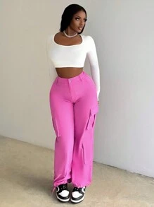 Slaydiva Women's Fuchsia Street Style Multi-Pocket Cargo Pants - Pink - View 3