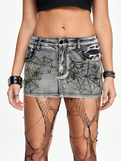 Grunge Punk Damen Denim Rock im A-Linien-Stil mit Spinnengewebe Muster