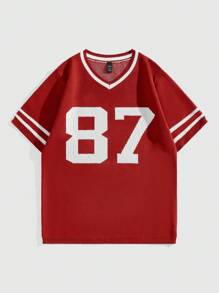 ROMWE MEN Street Life Men's Spring And Summer Casual Contrast Striped Digital Pattern Short Sleeve Knit Top - Red - View 1