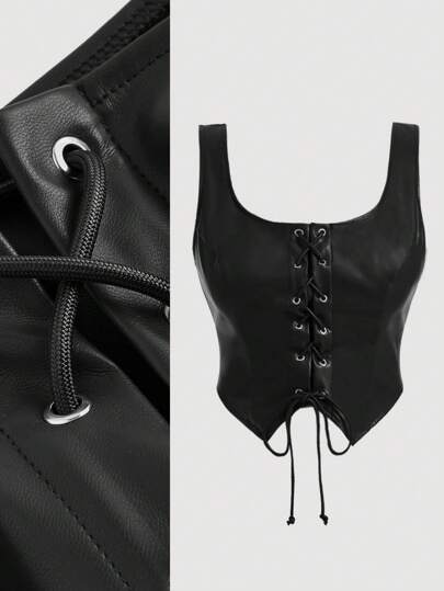 SHEIN MOD Plus Size Women's Eyelet Buttons Asymmetrical Hem Front Tie Matte Premium Leather Tank Top,Tank Top Wearable Inside And Outside