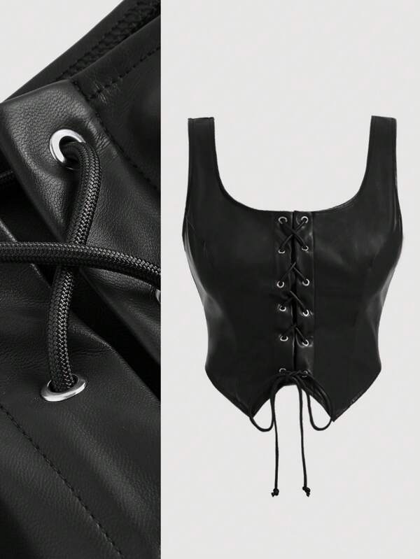 SHEIN MOD Plus Size Women's Eyelet Buttons Asymmetrical Hem Front Tie Matte Premium Leather Tank Top,Tank Top Wearable Inside And Outside