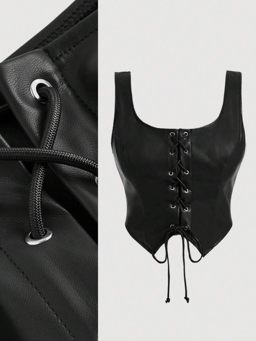 SHEIN MOD 大码女式孔眼纽扣不对称下摆前系带哑光优质皮革背心，背心可内外穿着 - 黑色 - 查看 1