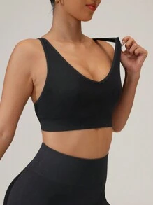 SHEIN Sports Seamless High Stretch Sports Bra With Pads For Women - Black - View 6