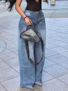 Women's Solid Straight-Leg Jeans – Loose Fit, Casual & Versatile Everyday Denim - Rửa nhẹ - Xem 4