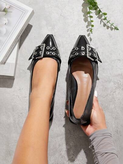 SHUZIA Bailarinas planas con punta de corte y hebilla grande, de tacón grueso, de recubierto negras - un regalo sofisticado, inspirado en el punk y cómodo para Año Nuevo, Día de San Valentín u otras ocasiones festivas, zapatos de verano para San Valentín