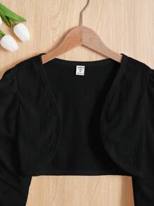 SHEIN Elegant Cropped Cardigan With Puffed Sleeves For Tween Girls,In Fall/Winter - Black - View 3