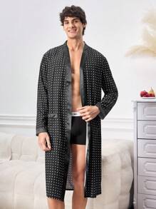 Men's Polka Dot Print Long Sleeve Pocket Loose Long Robe - Black - View 3