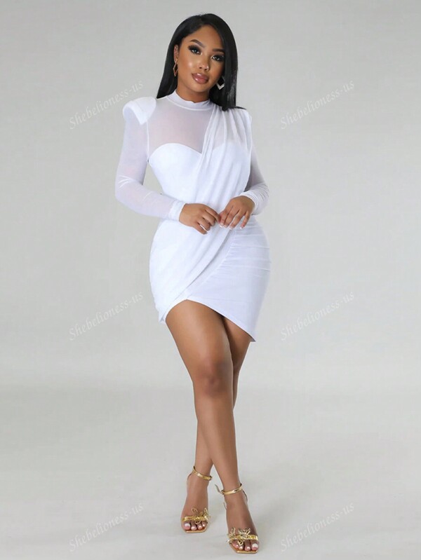 Women's Solid Color Stand Collar Mesh Patchwork Sheer Wrap Front Long Sleeve Dress