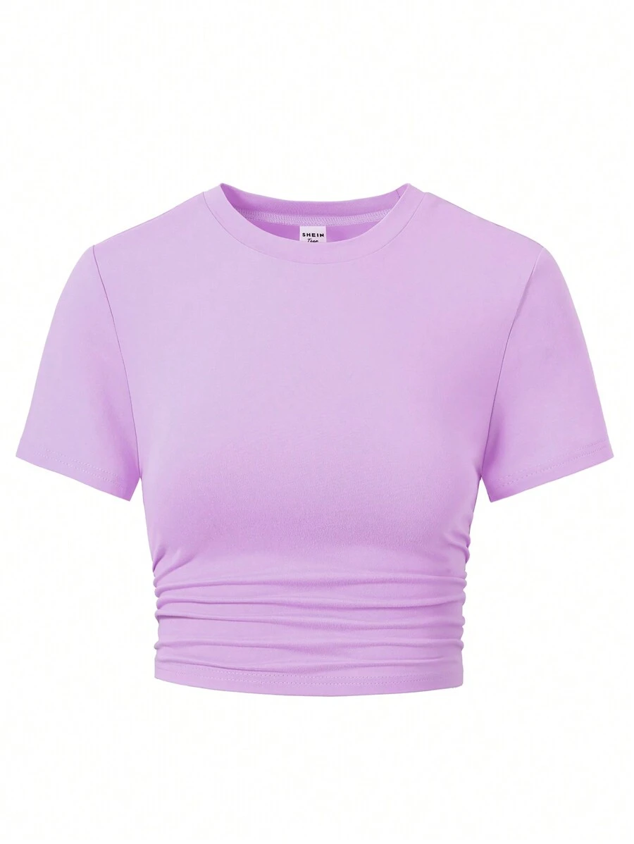 SHEIN Camiseta morada de manga corta y cuello redondo de unicolor, simple y de ocio diario para adolescentes - Morado - Ver 1