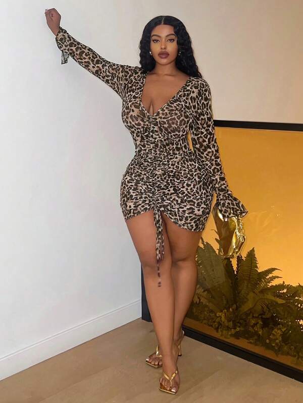 Slaydiva Sexy Party Bodycon Dress For Plus Size Women, Stretch Knit Mesh And Leopard Print With Drawstring And Sheer Bell Sleeves, Perfect Flirty Date Night Outfit