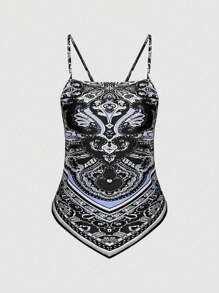 Franclia 佩斯利印花头巾下摆吊带背心图案 T 恤女式上衣水钻装饰 Topbling Topgothic Topgoth 内衣套装 - 黑色 - 查看 6