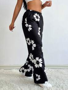 VaVaBold Damen schwarze & weiße Hose mit Blumenmuster, minimalistischer Lässig Stil - Schwarz - Übersicht 4