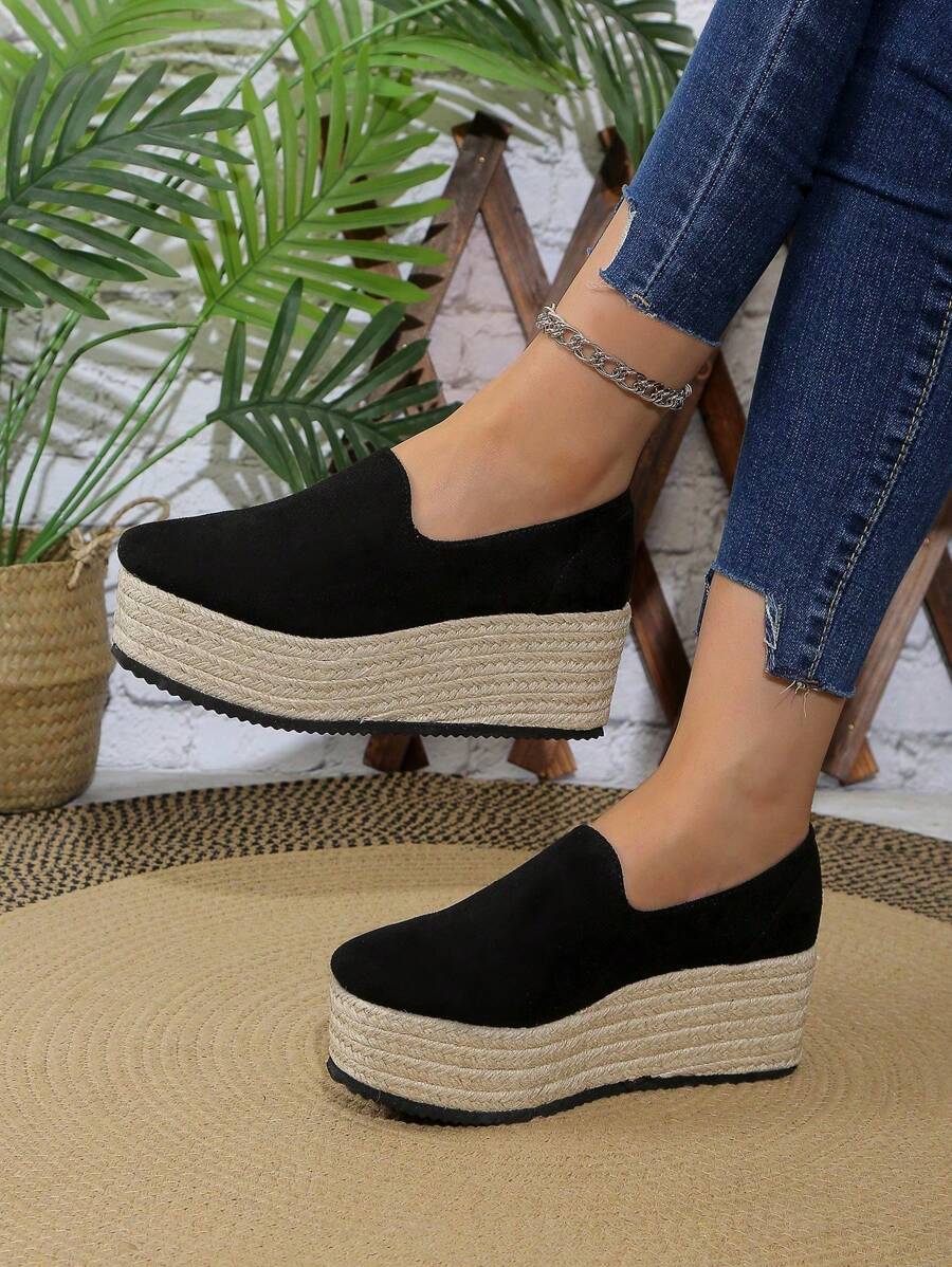 Women's Round Toe Platform Wedge Heel Slip-On Shoes, Casual Outdoor Linen Rope Sole Suede Pumps, Spring/Autumn, Size 35-43 (Run Large By Half Size)