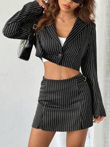 Muchica 女装秋冬黑白条纹修身翻领西装外套优雅商务成熟裙装套装 - 黑與白 - 查看 5