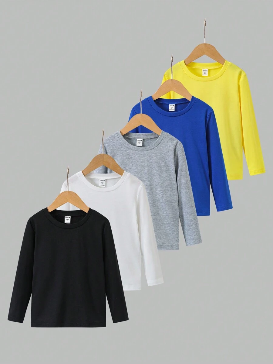 SHEIN 5件套男童圆领T恤，包含黑色、白色、蓝色、黄色和灰色五种基础颜色。这套5件装T恤为小男孩提供了丰富的颜色选择，方便他们在日常休闲穿搭中自由搭配。圆领设计简约舒适，适合日常休闲穿着。 - 彩色 - 查看 1