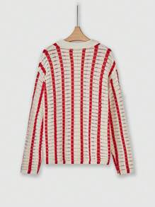 Men's Casual Striped Hollow Out Loose Fit Open Front Long Sleeve Cardigan, Spring & Fall - Multicolor - View 2