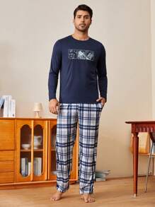 男士印花圆领长袖上衣和格子裤两件套休闲家居服套装，舒适优雅，秋冬服装 - 藏蓝色 - 查看 3