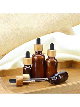 Natural Bamboo Droppers, 1pc 5ml-30ml Empty Refillable Thick Brown Amber Glass Tincture Bottles Travel Cosmetic Containers For Hair Essential Oils