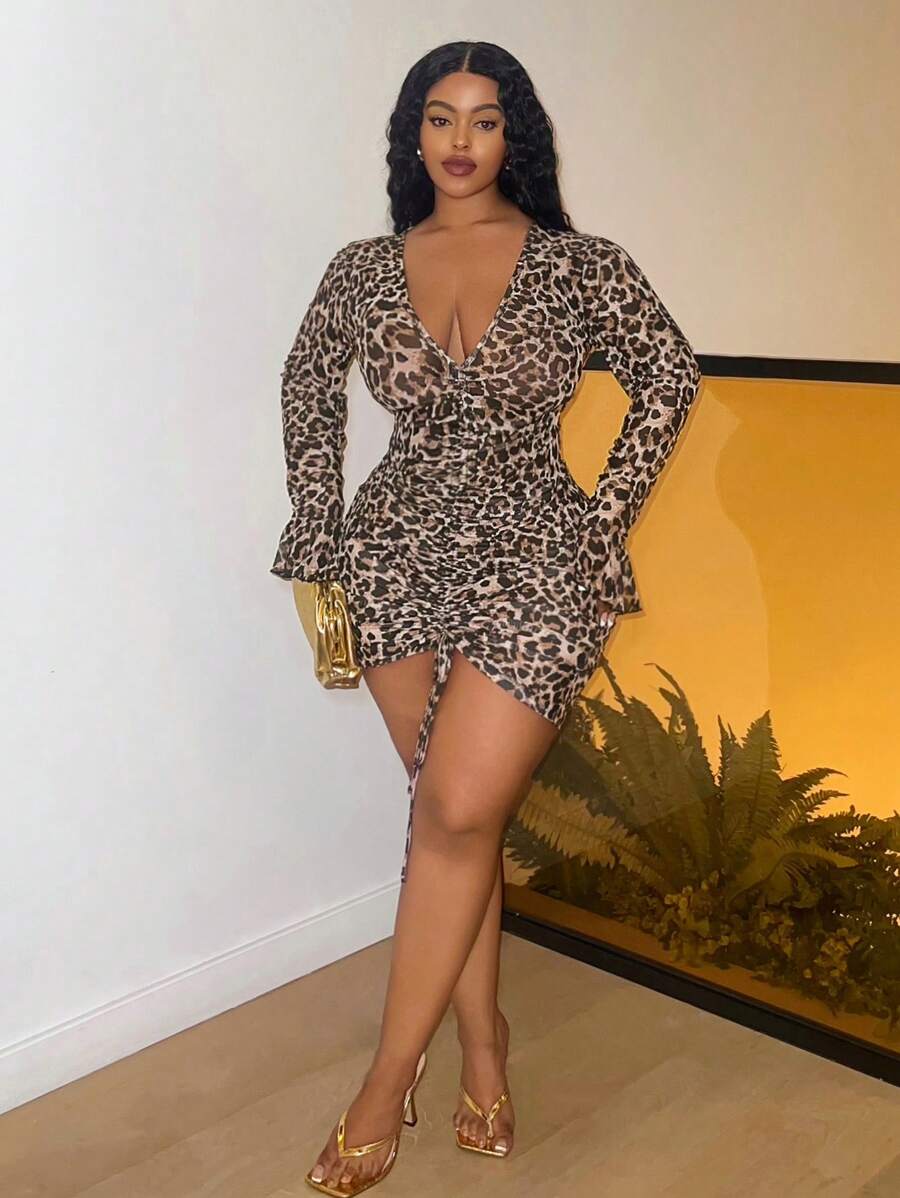 Slaydiva Women Leopard Print Mesh V-Neck Long Sleeve Bodycon Mini Dress - Multicolor - View 1