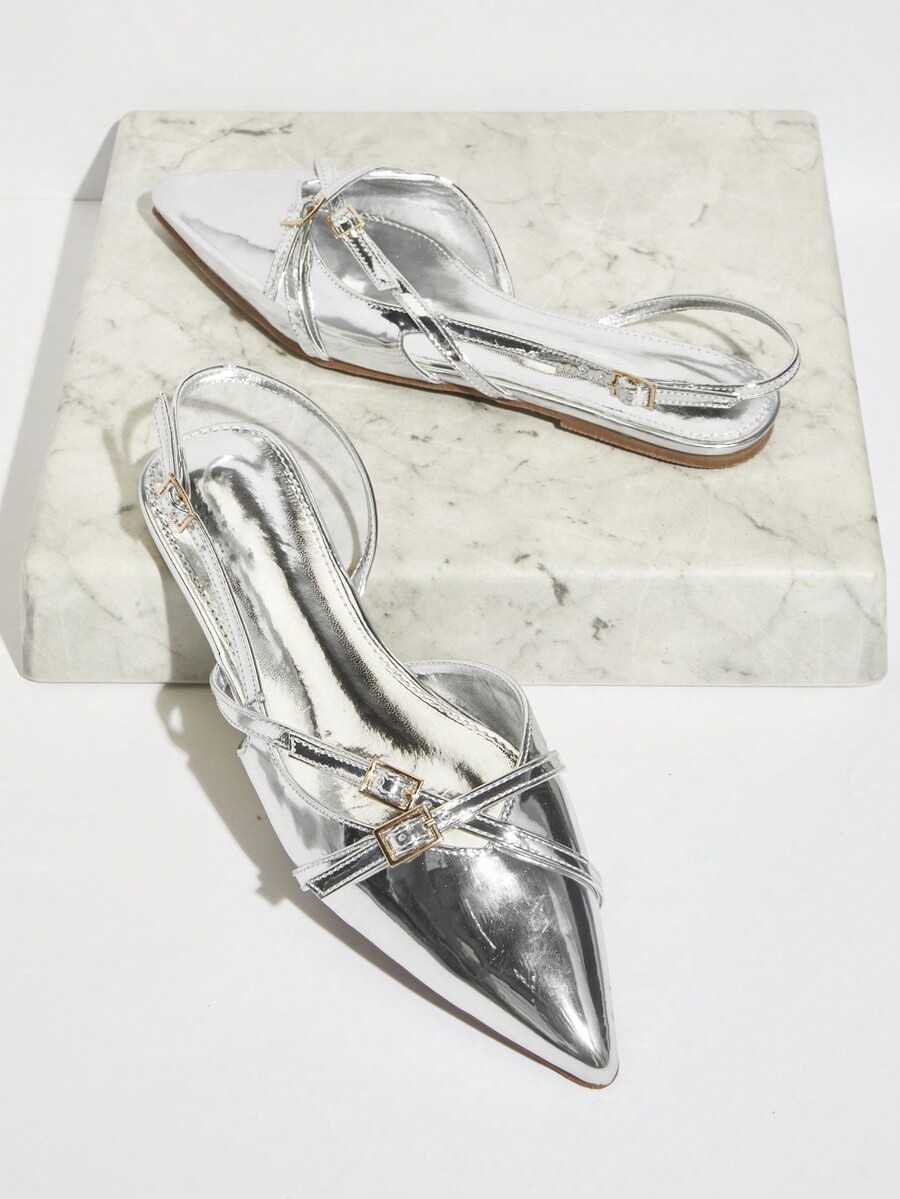 SHUZIA Women's Silver, Metallic Pointy Toe Casual Sling Back Buckle