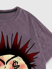 ROMWE MEN Street Life Men's Fun Graffiti Portrait Printed Washed Snowflake Short Sleeve T-Shirt Summer - Purple - View 6