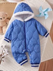 男婴连帽拉链条纹设计长袖时尚羽绒夹克 - 藍色 - 查看 1