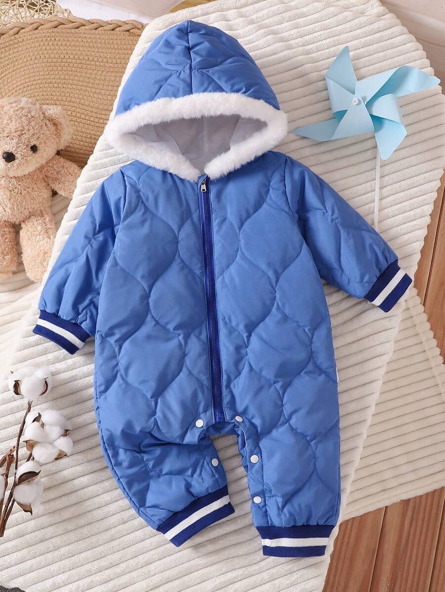 男婴连帽拉链条纹设计长袖时尚羽绒夹克 - 藍色 - 查看 1