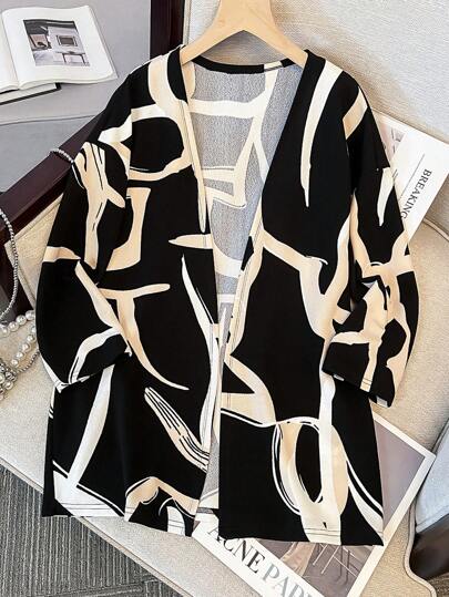 SHEIN Tween Girl Loose Casual Geometric Print Long Lightweight Trench Coat