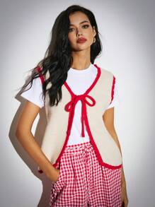 Poéselle Gilet in maglia rossa con bordi a contrasto, gilet in maglia con fiocco centrale e lacci, abbigliamento da donna, abbigliamento autunnale da donna, abbigliamento invernale, gilet con lacci, maglione senza maniche da donna con bordo a contrasto e fiocco anteriore, caldo e confortevole, adatto per uso quotidiano, strada, pendolarismo, vacanze, abbigliamento domestico - Albicocca - Visualizzare 1