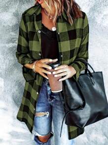 Women's Casual Plaid Printed Long Sleeve Shirt, Spring/Autumn,Long Sleeve Tops - Green - View 1