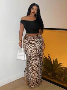 Slaydiva Váy ôm sát xếp ly xẻ tà họa tiết da báo dành cho nữ cỡ lớn - Nhiều màu - Xem 3