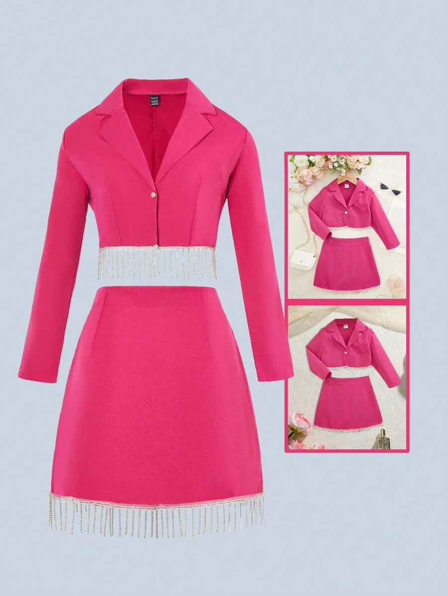 2pcs Women Fuchsia Fashion Blazer Jacket And Fringe Hem Skirt Set - Hot Pink - View 1